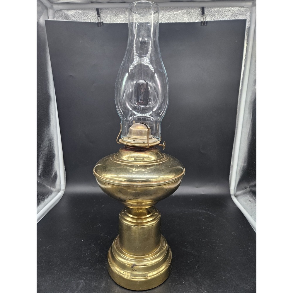 Vintage Brass Base 19" Oil Lamp Clear Chimney